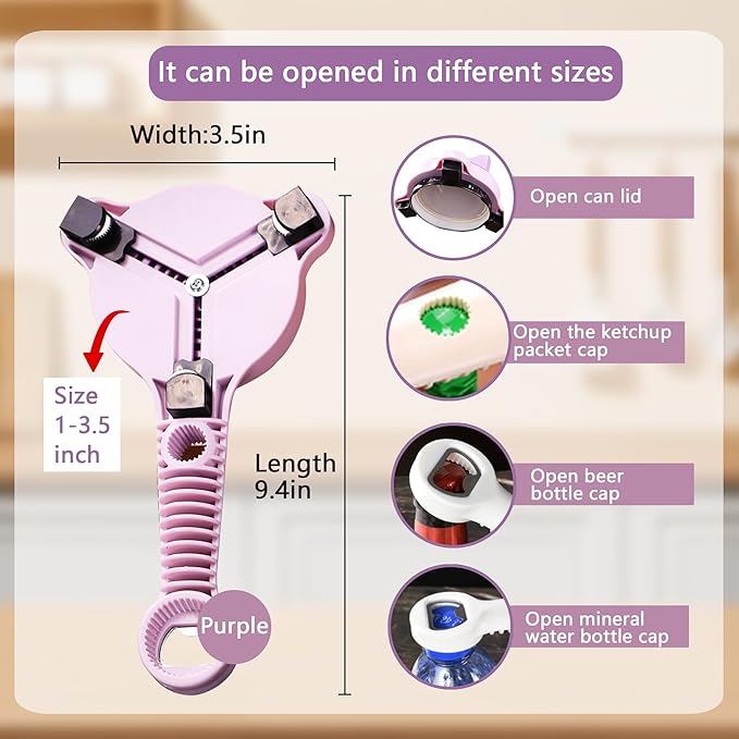 4-In-1 Jar Opener, Adjustable Stainless Steel Ergonomic Jar Opener Tool For Seniors, Bottle And Jar Openers For Arthritic Hands, Can Openers For Beer, Sauces, And Canned Goods (Purple)