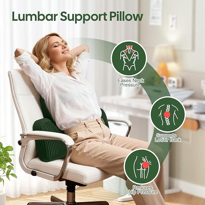 Lumbar Support Pillow for Recliner, Large Back Support Pillow for Office Chair, Tufted Corduroy Back Cushion for Elderly, Lower Back Pain Relief, Ideal for Sofa & Couch, Green