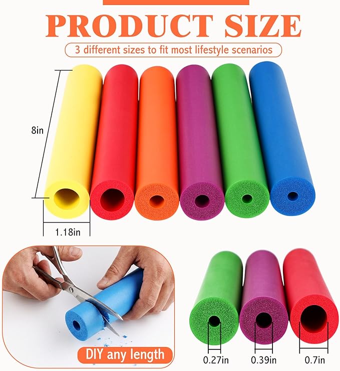 Sivak 24 Pcs Foam Grip Tubing - 3 Sizes Adaptive Built up Grip Aid for Utensils Pens Toothbrushes Forks Spoons Comfort Foam Handle Tubing for Elderly Disabled Arthritic Handicapped, Multicolor 8 Inch