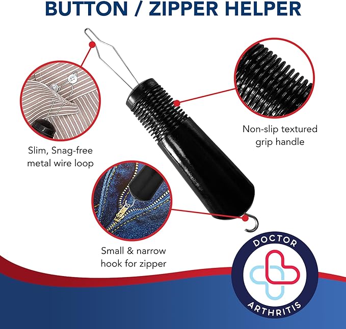 Button Hook & Zipper Pull, Assist, Helper Device, Dress Clothes Tool, Button Shirts Aid, One Hand, Disability, Handicapped and Seniors by Dr. Arthritis (Single)