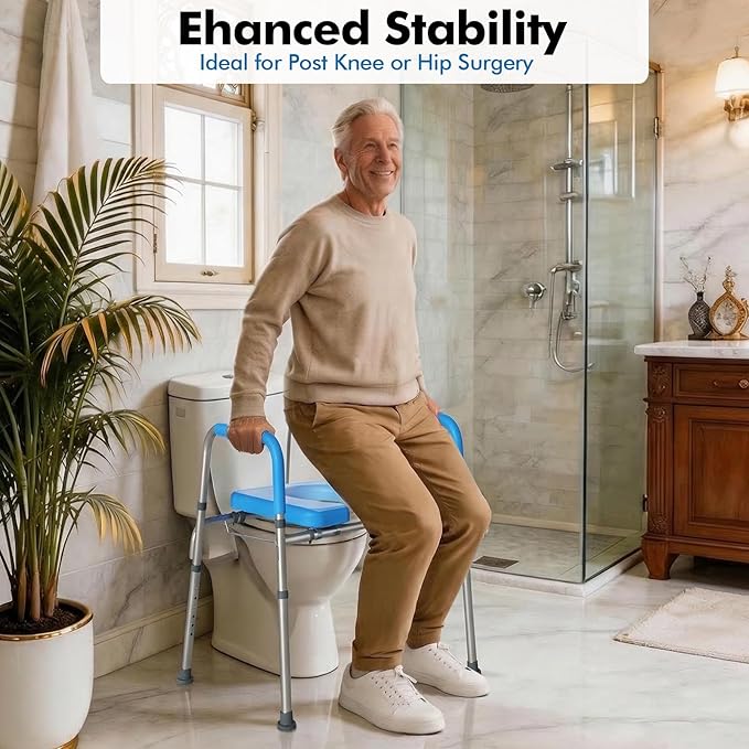 WHLICKS 500lbs Toilet Seat Risers with Handles, Padded Raised Toilet Seat for Seniors, Adjustable Height Toilet Riser, Handicap Elevated Seat, Fit Any Toilet, Blue