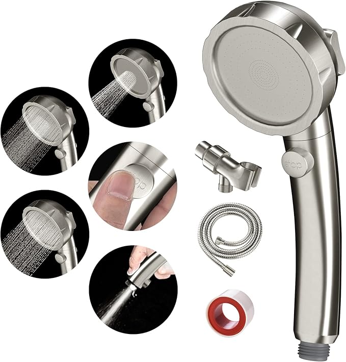 SINGSUO High Pressure Handheld Shower Head with On Off Switch, Detachable Shower Head, 3 Spray Modes Shower Massager Handheld with Hose and Adjustable Angle Bracket (Brushed Nickel)
