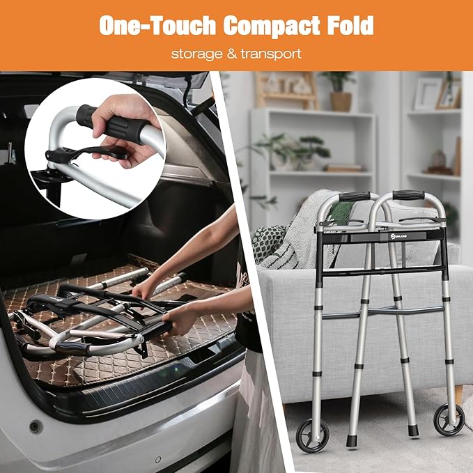 WHLICKS Folding Walkers for Seniors, Lightweight Aluminum Walker with 5'' Front Wheels and 2 Skis, Height Adjustable Standard Walker for Elderly and Disabled, Stable Frame up to 350 lbs
