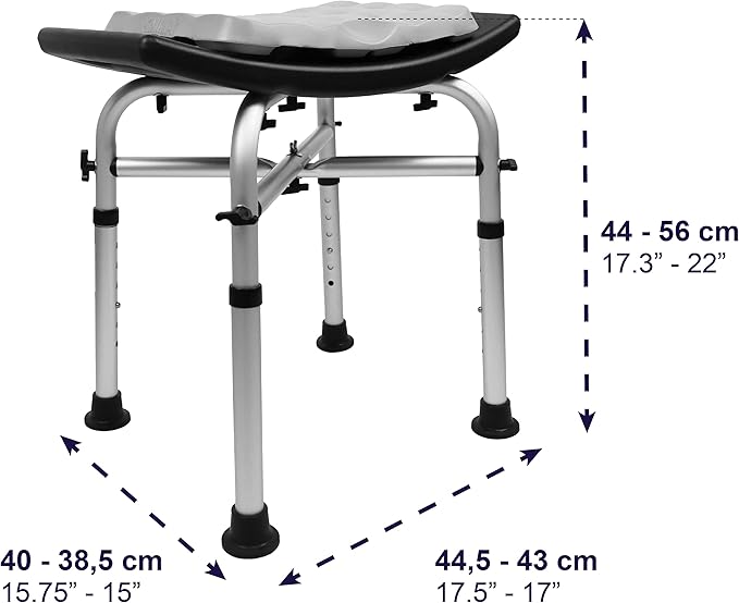 KMINA Shower Stool, Padded with Foam Cushion, Heavy Duty Double Reinforced Crossbar with 6 Height Adjustable, Tool Free, Anti-Slip, Made in Europe
