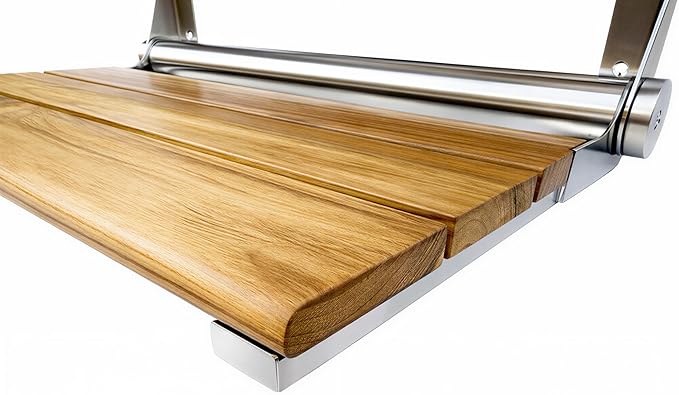 Teak Shower Seat Bench with Back - Wall Mounted Fold Up Shower Seat, Waterproof Folding Teak Bath Chair for Seniors, 304 Stainless Steel Frame, with 300 lbs Capacity - 24" Length, Polished