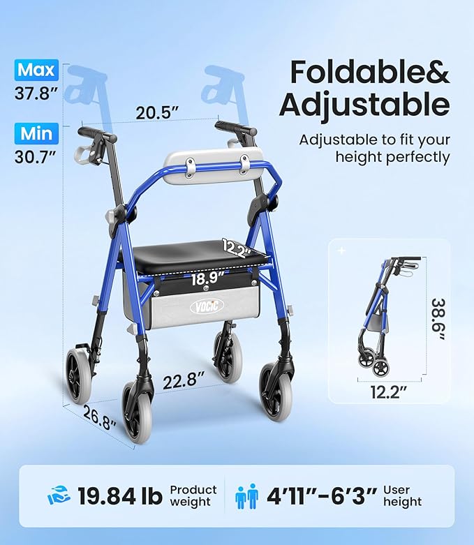VOCIC Walkers for Seniors, Z11 Rollator Walker with Seat, Max 380 lbs, Avant Walkers with Ergo Seat & Backrest, Foldable Rollator Adjustable Height, All Terrain Walker, Lightweight