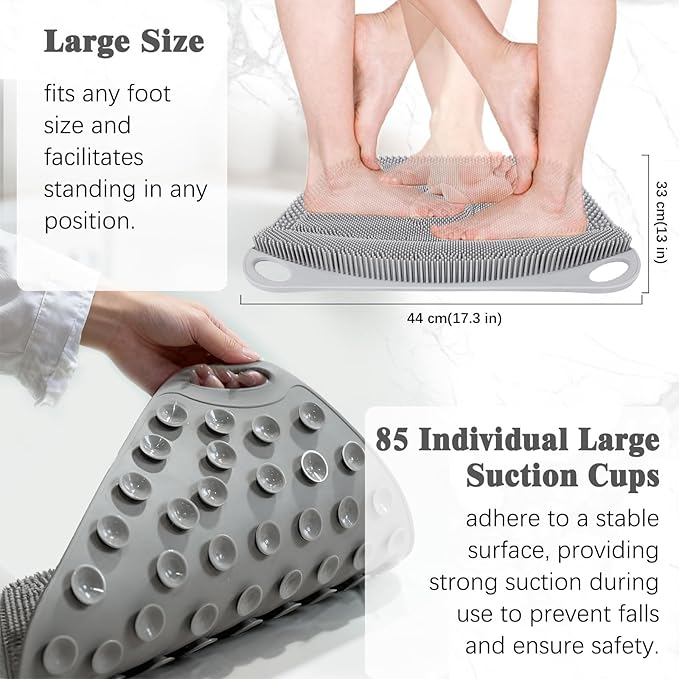FREATECH Large Shower Foot Scrubber Mat, Silicone Foot Cleaner Brush to Clean, Exfoliate and Massage Feet Without Bending Over, Improve Foot Appearance and Overall Health, Grey - 17.3" x 13"