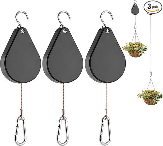 WROSWT Upgraded Retractable Plant Hanger,Plant Pulleys for Hanging Plants,Easy to Raise and Lower,Auto Lock,Heavy Duty, Adjustable Hook for Garden Baskets Pots,Birds Feeder,(3Pcs,Black)