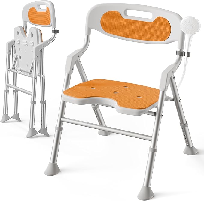 Folding Shower Chair with Arms and Back for Elderly & Disabled, 400 LBS Heavy Duty Foldable Bath Seat for Inside Shower, Tool-Free Assembly Portable Shower Stool with U-Shape Cutout Seat(Orange)