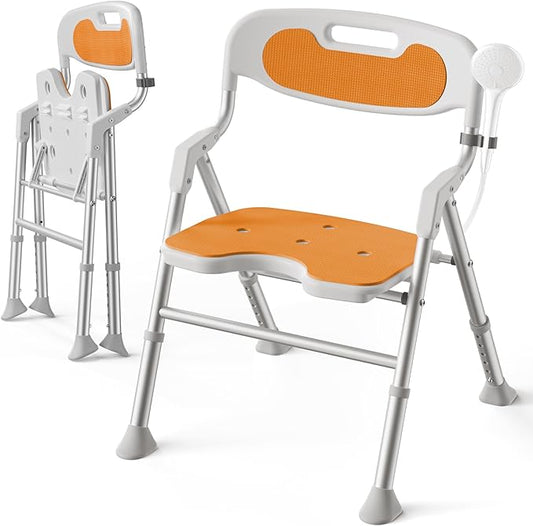 Folding Shower Chair with Arms and Back for Elderly & Disabled, 400 LBS Heavy Duty Foldable Bath Seat for Inside Shower, Tool-Free Assembly Portable Shower Stool with U-Shape Cutout Seat(Orange)