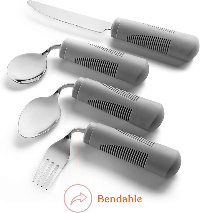 Special Supplies Adaptive Utensils (4-Piece Kitchen Set) Weighted, Non-Slip Handles for Hand Tremors, Arthritis, Parkinson’s Elderly use - Stainless Steel Knife, Fork, Spoons (Grey)
