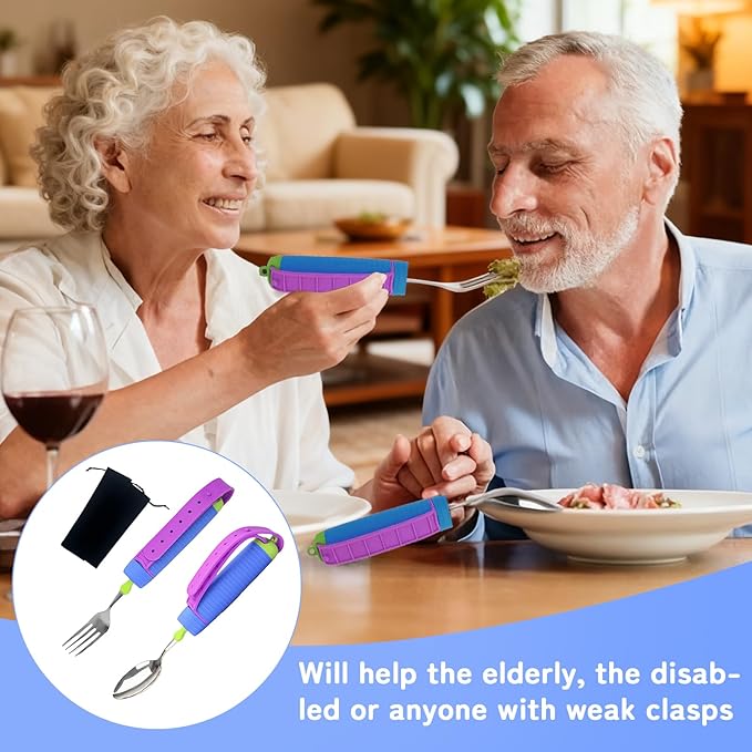 Adaptive Utensils Set, 2pcs Spoons Forks Set for Elderly, Weighted Utensils for Hand Tremors, Arthritis Weakness, and Parkinsons, with Non-Slip Easy Grip Handle, 360 Degree Rotation Rubber Strap