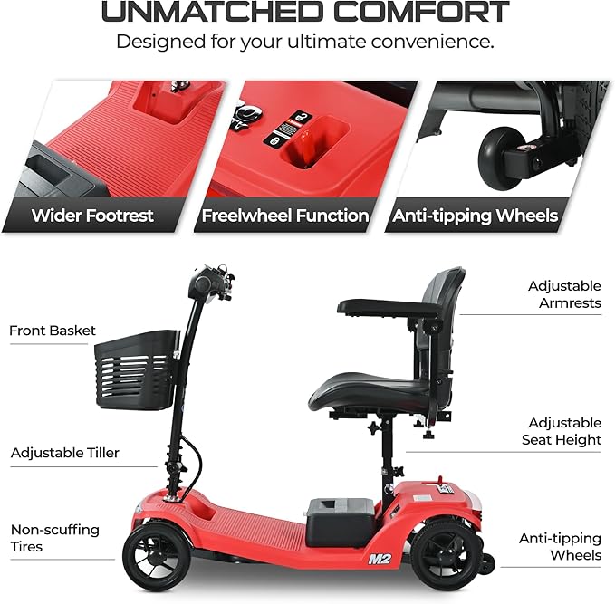 Metro Mobility 4 Wheel Powered Mobility Scooters, 330 lbs Capacity Mobility Scooters for Adults, Folding Mobility Scooter Lightweight, Electric Scooters for Seniors 20 Miles Range LED Light Red