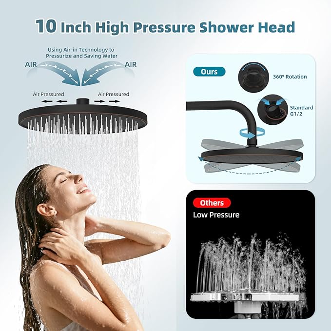 Hibbent cUPC Certified Self-cleaning Shower Head Combo, High Pressure 10'' Rain Showerhead with 3-Spray Handheld, All Metal Arm with Easy Reach 4-way Diverter, 71" Hose & Holder, Oil-rubbed Bronze