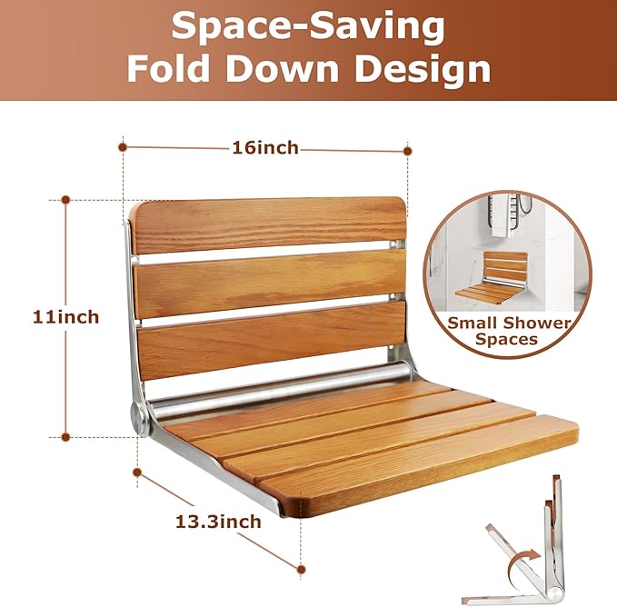 16 Inch Foldable Shower Seat Wall Mounted, Folding Shower Bench for Small Shower Spaces, 400lbs Max Load for Inside Shower, Foldable Chair for Seniors Adults,304 Stainless Steel