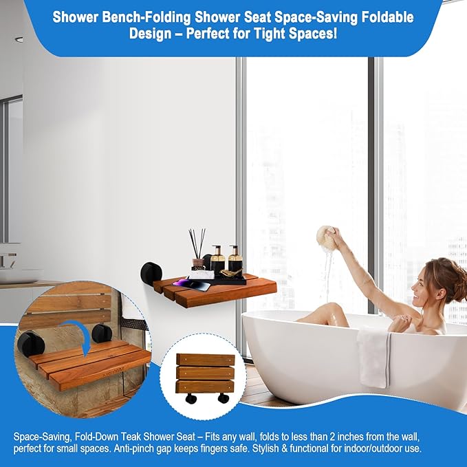 20" Shower Seat Teak Shower Bench, Wall Mounted Fold Down Shower Seats for Adults, Shower Seats for Adults a 400 lbs Capacity, Rust-Resistant Teak Folding Seat Suitable for Indoor Outdoor Use.