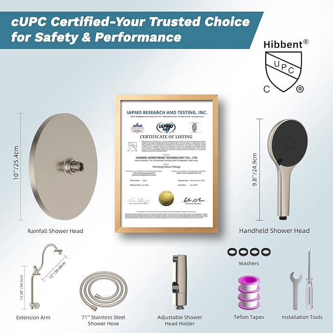 Hibbent cUPC Certified Self-cleaning Shower Head Combo, High Pressure 10'' Rain Showerhead with 3-Spray Handheld, All Metal Arm with Easy Reach 4-way Diverter, 71" Hose & Holder, Brushed Nickel