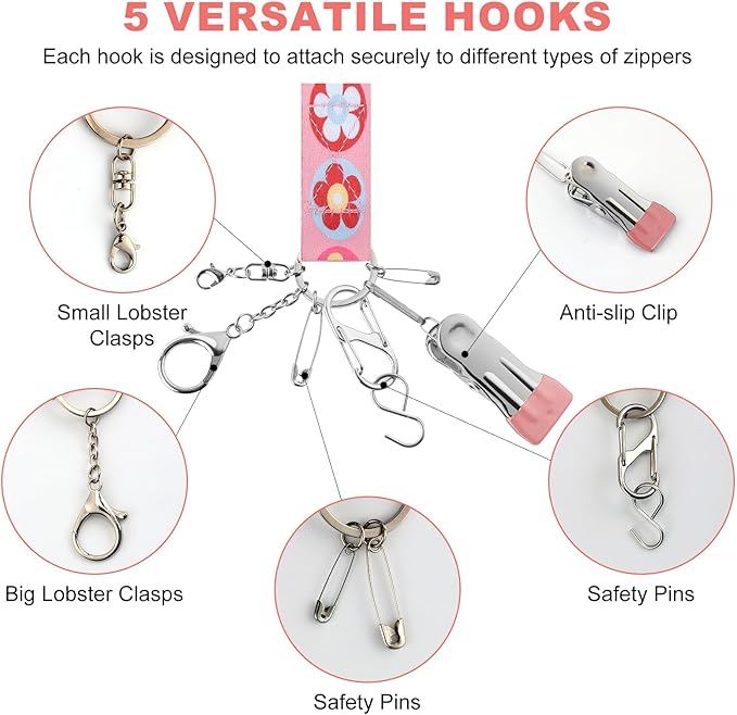 Zipper Helper Pull for Dresses 2 Pack Zipper Puller Helper with 5 Different Types Hooks Dress Zipper Pull Helper Assistant for Elderly and Pregnant Women(Pink Flower)