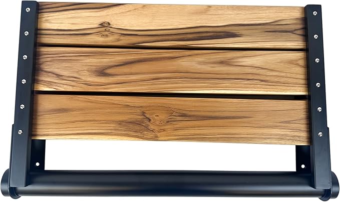 Teak Shower Seat Bench with Back - Wall Mounted Fold Up Shower Seat, Waterproof Folding Teak Bath Chair for Seniors, 304 Stainless Steel Frame, with 300 lbs Capacity - 24" Length, Matte Black