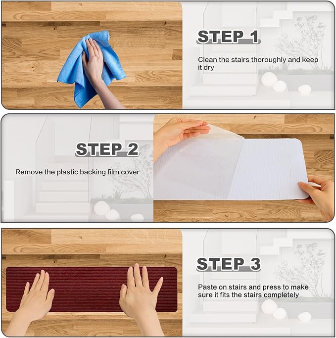 Stair Treads for Wooden Steps - Non Slip Stairs Carpet Tape Peel and Stick with Double Adhesive Tape Set of 15 Stripe- Dark red