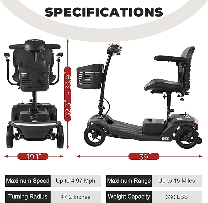 Metro Mobility 4 Wheel Powered Mobility Scooters, 330 lbs Capacity Mobility Scooters for Adults, Folding Mobility Scooter Lightweight, Electric Scooters for Seniors 15 Miles Range LED Light Black