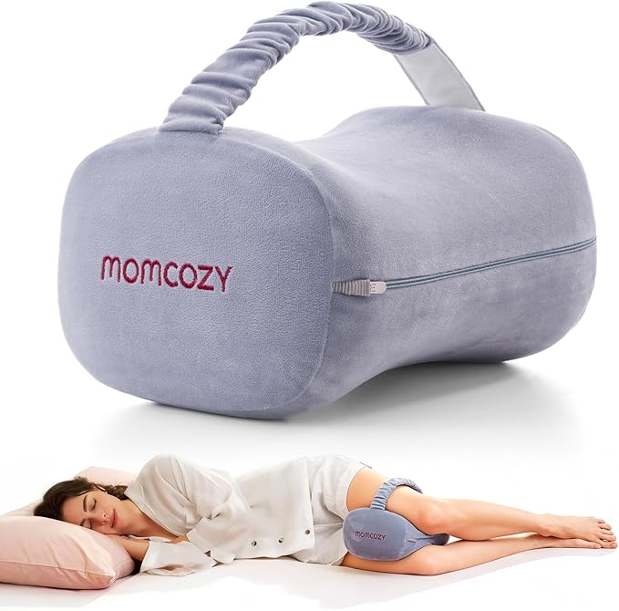 Momcozy Knee Pillow for Side Sleepers, Soft Memory Foam & Pinch-Free Design, Relieve Knee, Leg and Sciatica Pain, Adjustable Elastic Strap Ideal for Pregnant Women and Seniors, Crystal Velvet in Gray