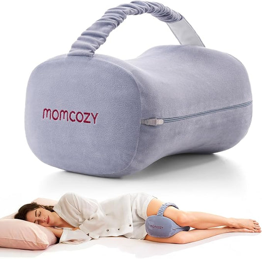 Momcozy Knee Pillow for Side Sleepers, Soft Memory Foam & Pinch-Free Design, Relieve Knee, Leg and Sciatica Pain, Adjustable Elastic Strap Ideal for Pregnant Women and Seniors, Crystal Velvet in Gray