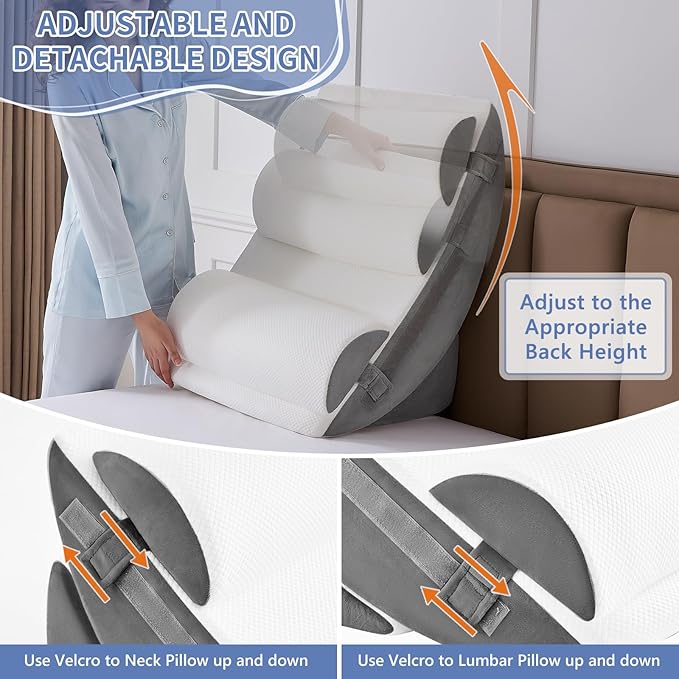 Yojoker 9PCS Orthopedic Bed Wedge Pillow Set for Sleeping, Back and Leg Pain Relief, Post Surgery Foam Pillow for Body, Triangle Adjustable Support Pillow - Acid Reflux Sleeping Pillows Grey