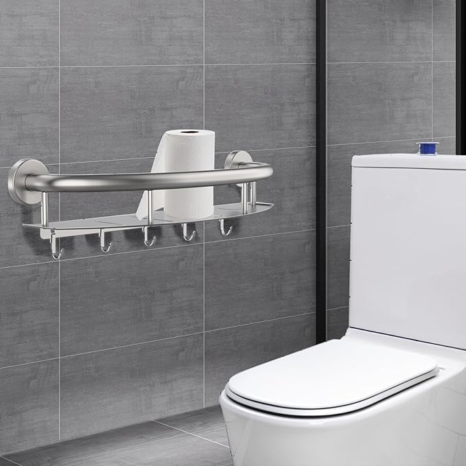 Munzong 18 Inch Shower Grab Bar w/Storage Shelf, Stainless Steel 2 in 1 Bathroom Grab Bar, Wall Mount Balance Bar, Safety Hand Rail Support Handicap Elderly Injury Senior Assist Bath Handle