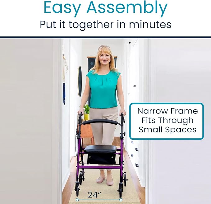 Vive Ultra Lightweight Rollator Walker with Seat - Foldable, Narrow, Rolling Senior Walker for Small Spaces - 4 Wheel Aluminum Adult Easy Drive Aid with Underseat Accessory