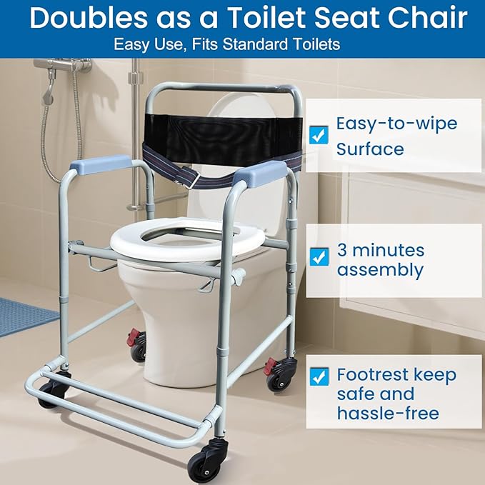Aliseniors 3-in-1 Rolling Shower Chair with Wheels, Bedside Commode Transport Wheelchair, Waterproof Inside Bathroom & Toilet Chair for Handicap, Elderly, Injured or Disabled, 250 lbs