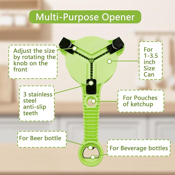4-In-1 Jar Opener, Adjustable Stainless Steel Ergonomic Jar Opener Tool For Seniors, Bottle And Jar Openers For Arthritic Hands, Can Openers For Beer, Sauces, And Canned Goods (Green)