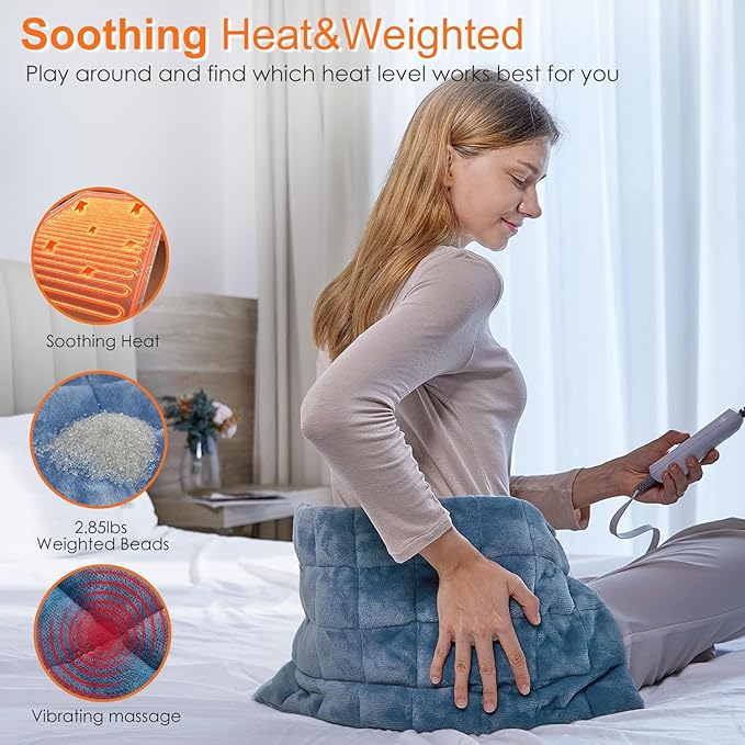 Weighted Heating Pad with 2 Massager,Vibrating Heating Pads for for Back &Neck Pain Cramps 12"x24",3 Heat Levels,9 Massage Modes,2Hrs Auto-Off,Fathers Day Gift (XL Blue)