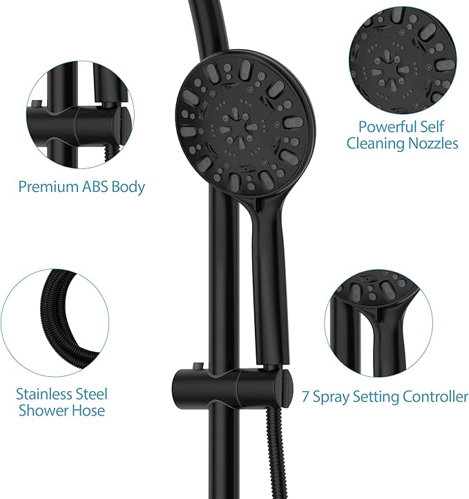 Lordear Rain Shower Head with Handheld Spray 7 Functions 3-Way Water Diverter Double Rain Hotel Spa Dual Bathroom Rain Shower Head Combo, Adjustable Sliding Bar,Black