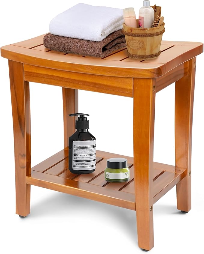 16" Compact Teak Shower Bench with Shelf, Premium Teak Shower Stool, Durable Waterproof Seat for Inside Shower, Solid Teak Wood Bench for Bathroom, Indoor & Outdoor Use