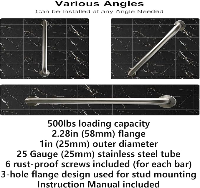 Brushed Nickel Grab Bar 12 Inch, 2 Pack Safety Bathroom Grab Bars, Stainless Steel Shower Grab Bar, Balanced Support Bar, Toilet Assist Handle for Handicap Elderly Senior (1" Diameter)