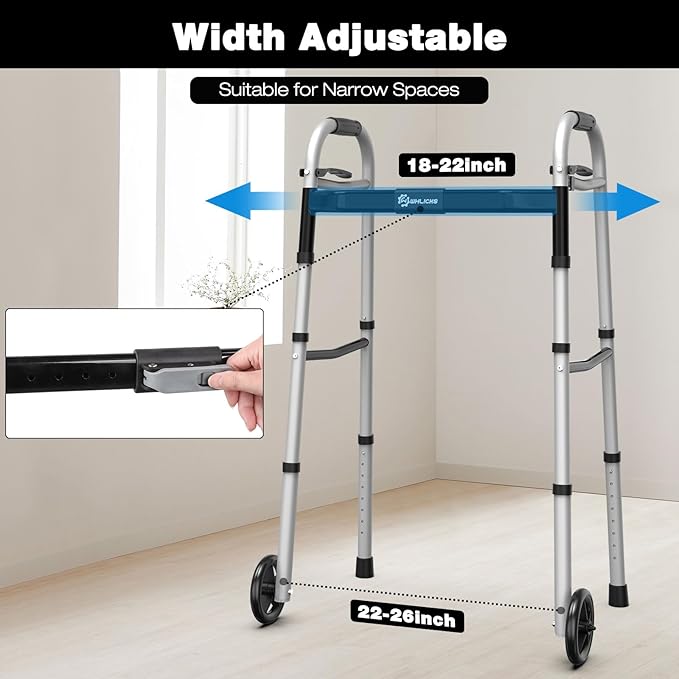 Whlicks Folding Walkers for Seniors,Aluminum Lightweight Walkers with Wheels, Adjustable Width and Height Front Wheel Walker for Elderly and Disabled, Supports up to 350 lbs
