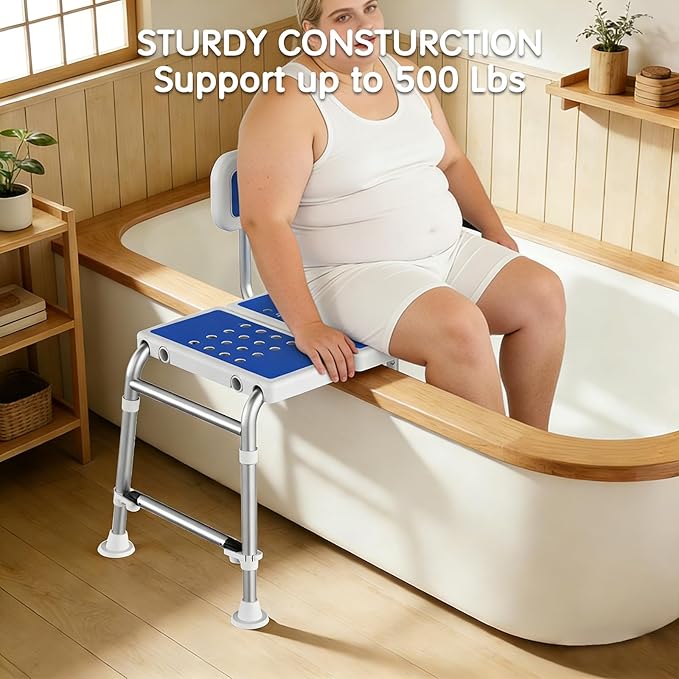 Bathtub Transfer Bench Shower Chair for Inside Tub Heavy-Duty Adjustable Width & Height Handicap Bath Chair with Extended Shower Seat and Reversible Backrest for Seniors, Elderly & Disabled
