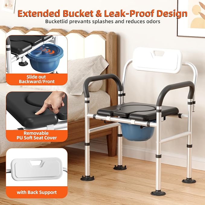 Heavy Duty Bedside Commode Chair with Adjustable Height and Width, Raised Toilet Seat with Arms Handles and Back Support for Elderly, Portable Bedside Toilet with Bucket (Width 20.4-22.44")
