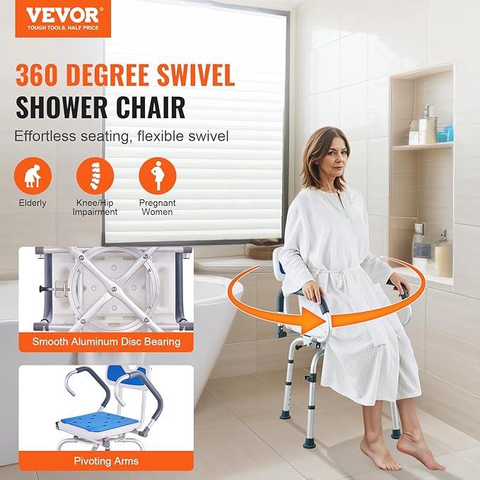 VEVOR Swivel Shower Chair 360 Degree, Adjustable Shower Seat with Pivoting Arms for Inside Showers or Tubs, Non-Slip Rotating Bathtub Shower Chair for Elderly Disabled Injured, 400LBS Capacity
