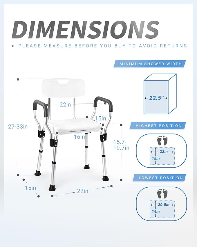 Sangohe Shower Chair, Heavy Duty Shower Seat with Back, Arms, Adjustable Height, Ideal for Bathtub, Handicap, Elderly, 796C