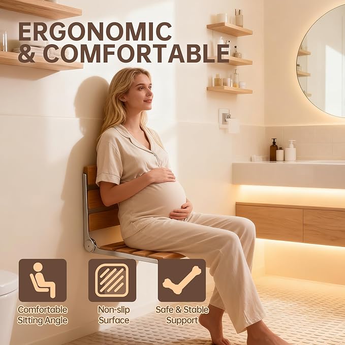 Jamini Folding Shower Seat Wall Mounted, 16.5", Beech Wood + SUS304 Steel, Heavy-Duty 330 lbs Seat for Seniors & Pregnant Women, Fits Small Showers, Balcony & Dressing Area