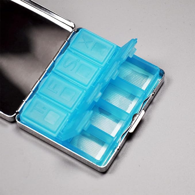 Metal Pill Organizer Box with Mirror – 8 Compartment Chrome Pill Case, Pocket-Size Travel Pill Container for Vitamins, Seniors, Daily Use (Beware Poison Skeletons)