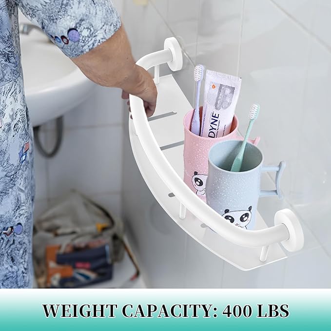 White 18-inch Safety Grab Bar with Storage Shelf for Bathtub or Shower, Drainage Holes, Stainless Steel, Wall Mounted Grab Bars for Elderly Injured Balance Support