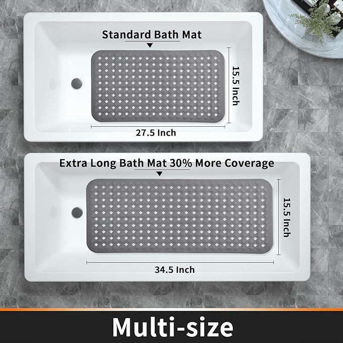 Yimobra Non Slip Bath Mat, Super Strong Suction Cups,34.5"x15.5"Long Tub Mat with Drain Holes, Machine Washable Fast Draining Shower Mats, Bathroom Essentials,Gray