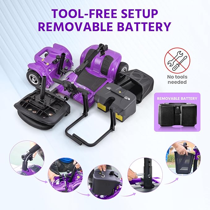Arshin Mobility Scooter, Electric Foldable Mobility Scooter 300lbs Capacity with Detachable Battery, 15-Miles Powered Mobility Scooters for Seniors & Adults with USB Port, Charger Included (Purple)