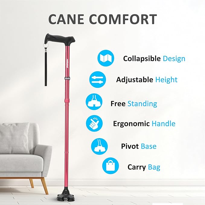 REHAND Walking Cane for Men & Women - Foldable, Adjustable, Lightweight, Self Standing Pivot Walking Cane, Soft Handle Grip, with Travel Bag, Walking Sticks for Seniors & Adults