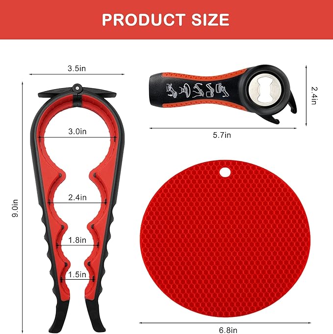 Jar Opener for Weak Hands, Seniors with Arthritis, 3 in 1 Multi Function Bottle Opener Lid Opener For Arthritic Hands with Non Slip Rubber Jar opener Gripper Pad (Red)
