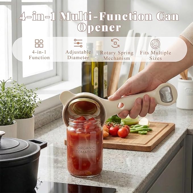 Adjustable Jar and Bottle Opener for Weak Hands & Seniors, 4-in-1 Stainless Steel Lid Remover with 3 Non-Slip Clamps, Multi Size Tool for Jars, Cans & Wine Bottles, Kitchen Helper