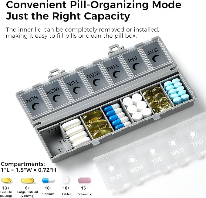 Foldable Pill Organizer Weekly 2 Times a Day, 7 Day Portable AM PM Travel Pill Case with Black&White Labels, Dual-Protection Daily Medicine Box, Large Pill Container for Vitamin/Supplement-Grey